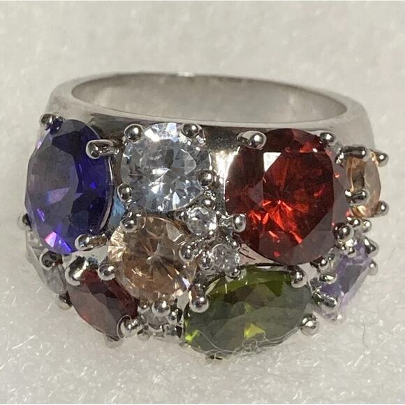 NWT-NVC Nataliya V Collister Cubic Zirconia MultiColor Silver Tone Dome Ring 8 - Picture 1 of 4
